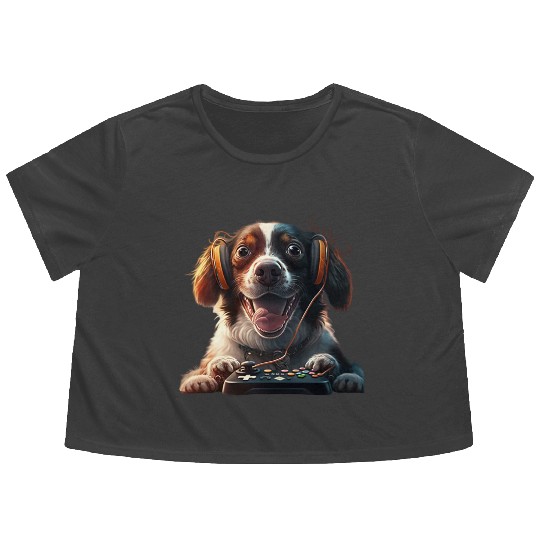 Funny Dog Playing Video Game Flowy Cropped Tees
