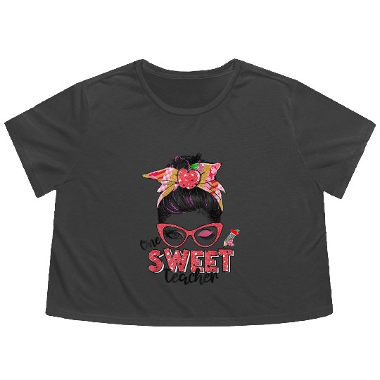 One Sweet Teacher Messy Bun Teacher Life Valentine Flowy Cropped Tees