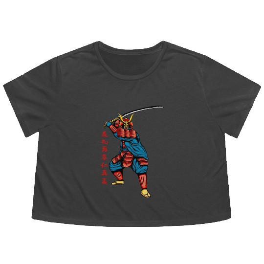 Japanese samurai warrior red writing mask Flowy Cropped Tees