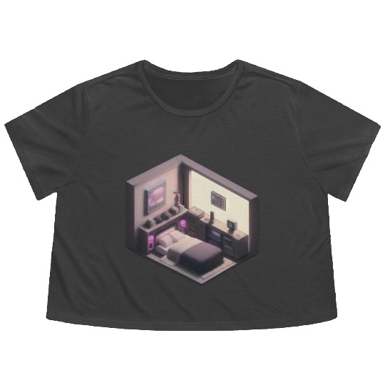 Isometric Bedroom - Synthwave Retro Future Room Flowy Cropped Tees