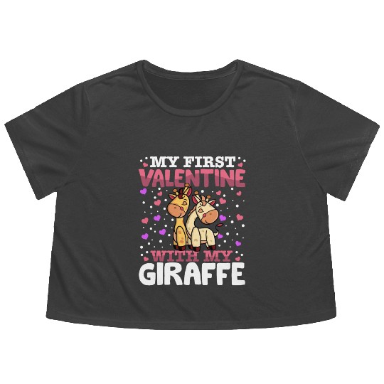 My First Valentine With My Giraffe Animal Heart Flowy Cropped Tees