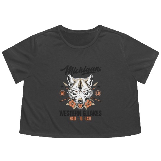 Western great lakes Michigan home of the wolf Flowy Cropped Tees
