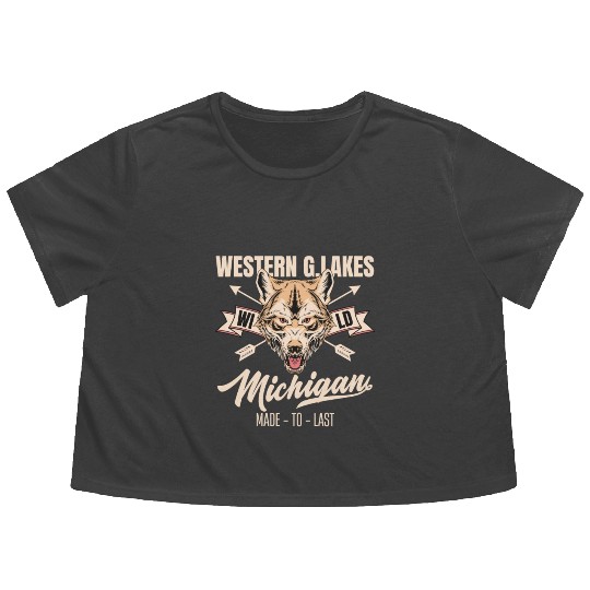 Western great lakes Michigan home of the wolf Flowy Cropped Tees