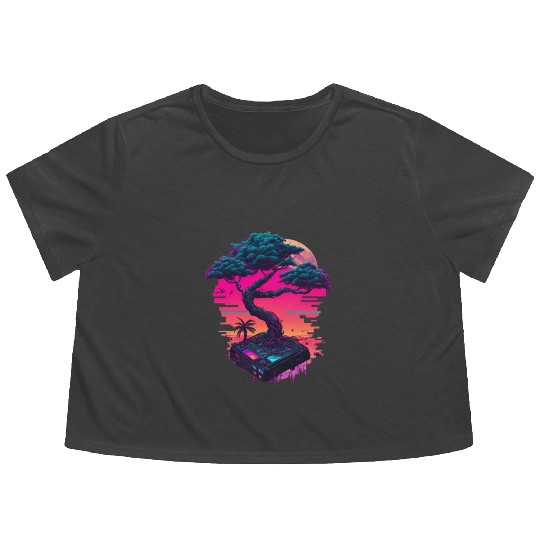 Synthwave Bonsai Tree Flowy Cropped Tees