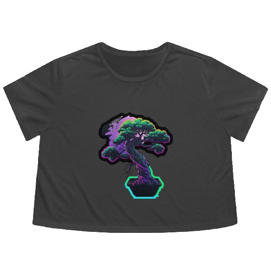 Synthwave Bonsai Tree Flowy Cropped Tees