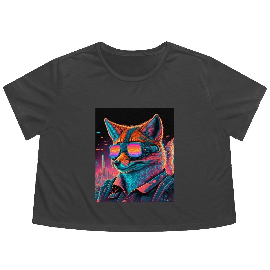 Retro Futuristic Synthwave Fox Flowy Cropped Tees
