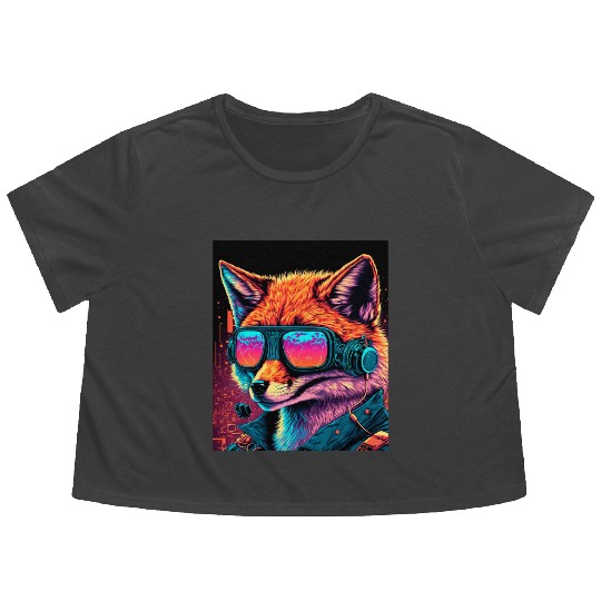 Retro Futuristic Synthwave Fox Flowy Cropped Tees