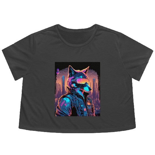 Retro Futuristic Synthwave Fox Flowy Cropped Tees
