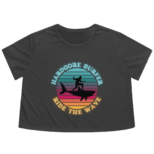 Hardcore Shark Surfer Ride the Wave Sunset Neon Flowy Cropped Tees