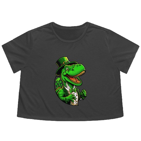 St Patricks Day T-rex Dinosaur With Top Hat Flowy Cropped Tees