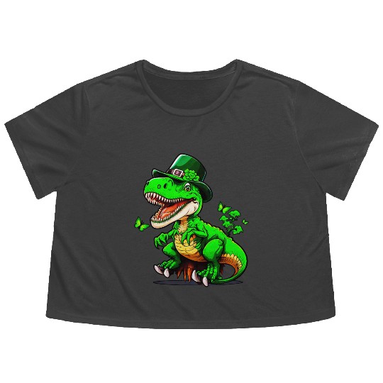 St. Patrick Day T-rex Dinosaur With Hat Flowy Cropped Tees