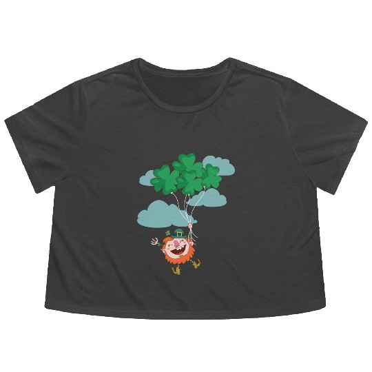 Lerechaun Hanging On Clover Balloons - St Patricks Flowy Cropped Tees