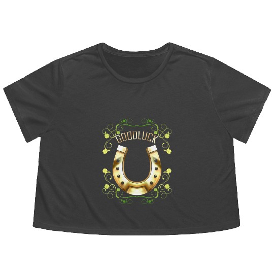 Good Luck With A Golden Horseshoe For Irish St Flowy Cropped Tees