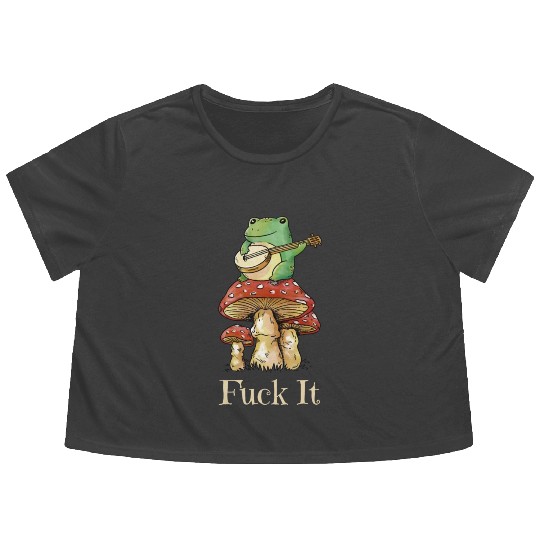 Cottagecore Frog Playing Guitar says Fuck It Flowy Cropped Tees