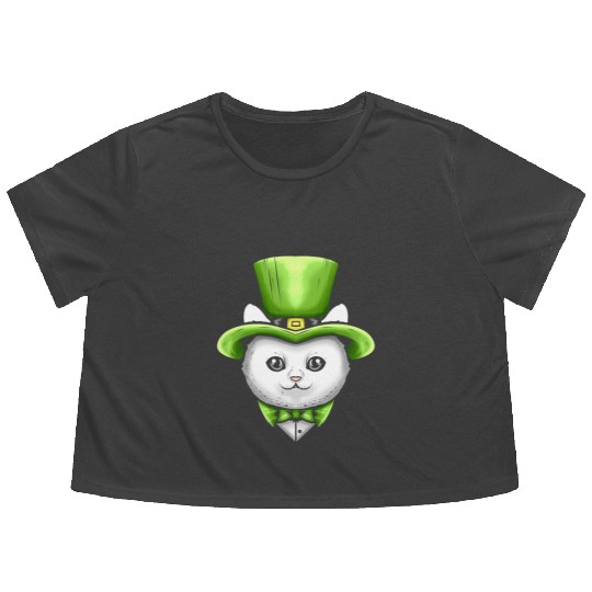 Cute Kawaii Cat With Leprechauns Hat On St Flowy Cropped Tees