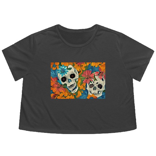 floral butterfly skull art illustration abstract Flowy Cropped Tees