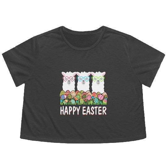 Happy Easter Eggs Easter Llama Alpaca Bunny Flowy Cropped Tees