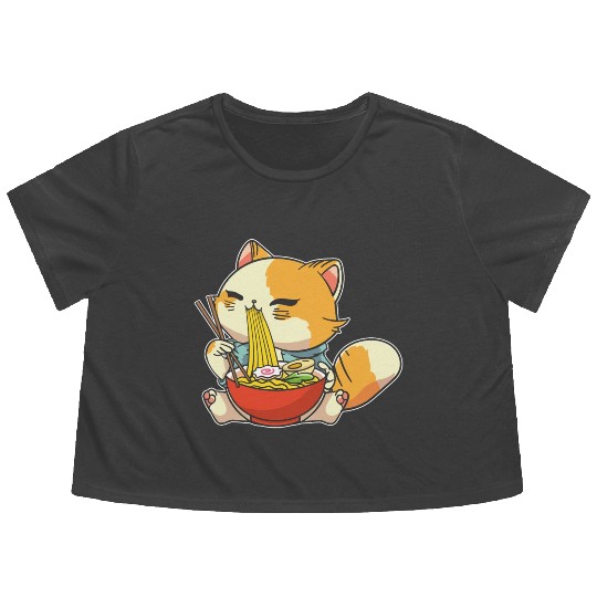 Cat Ramen Bowl Anime Kawaii Neko Japanese Noodles Flowy Cropped Tees