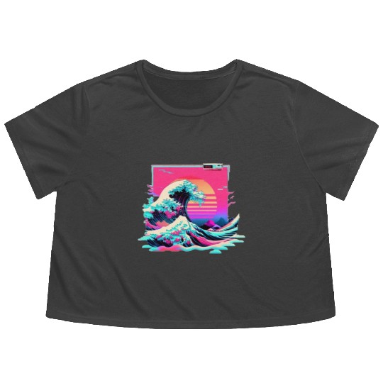 Vaperwave Aesthetic Glitch Great Wave Retrowave Sy Flowy Cropped Tees