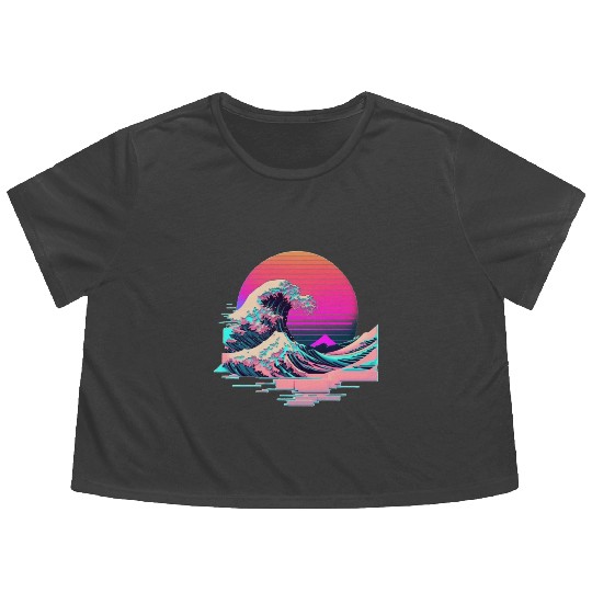 Vaperwave Aesthetic Glitch Great Wave Retrowave Sy Flowy Cropped Tees