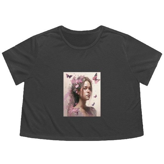 Breast Cancer Survivor Pink Flower Hair Girl Flowy Cropped Tees