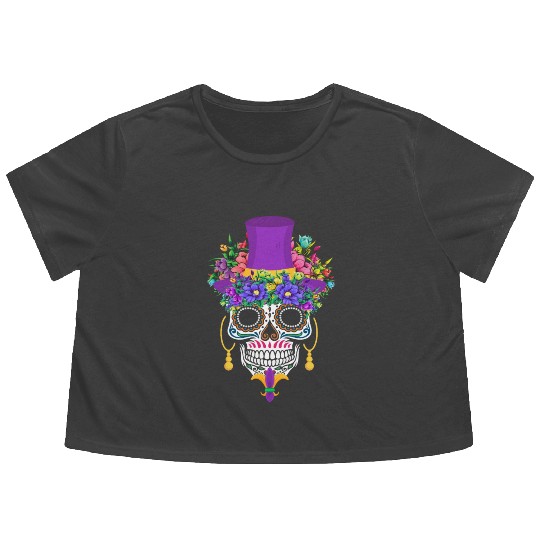 Mardi Gras Costume Dia De Los Muertos Flower Sugar Flowy Cropped Tees