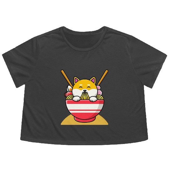 Cat Eating Spaghetti Ramen Cat Sweet Kitty Flowy Cropped Tees