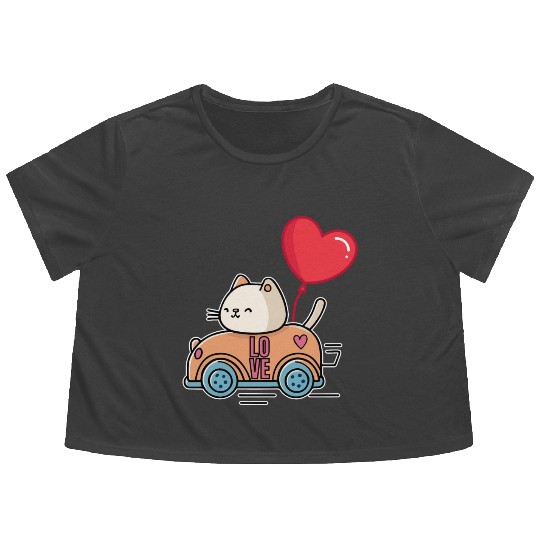 Cute cat in the love car, and love balloon - white Flowy Cropped Tees