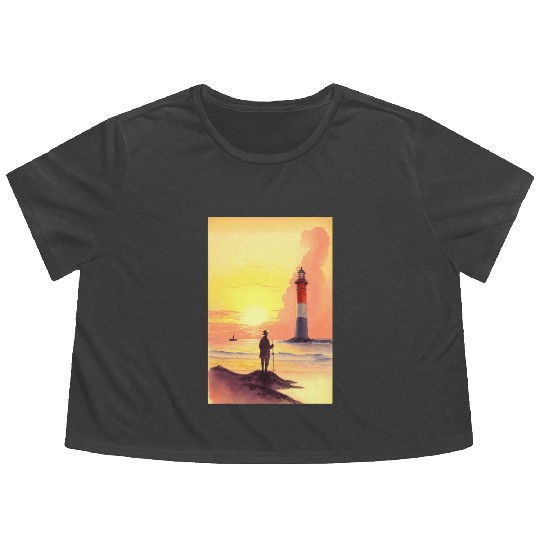 Serene Sunrise Beach Scene with Lighthouse and Fis Flowy Cropped Tees