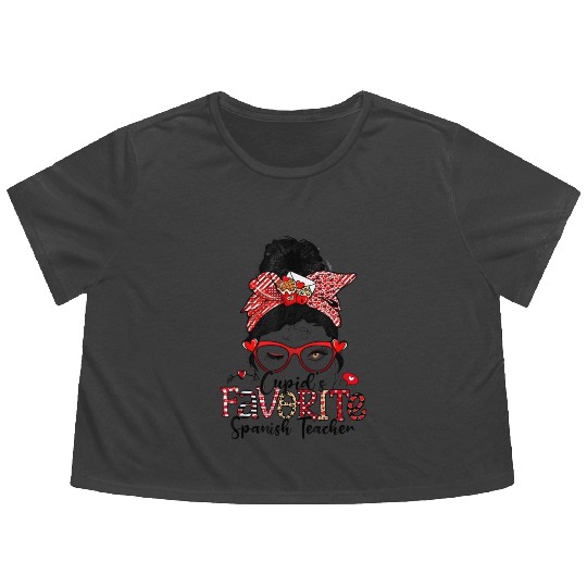 Cupid s Favorite Spanish Teacher Messy Bun Flowy Cropped Tees