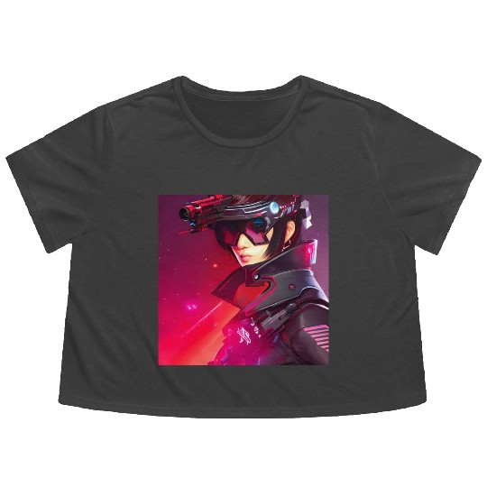 Cyberpunk Girl red Neon light Flowy Cropped Tees
