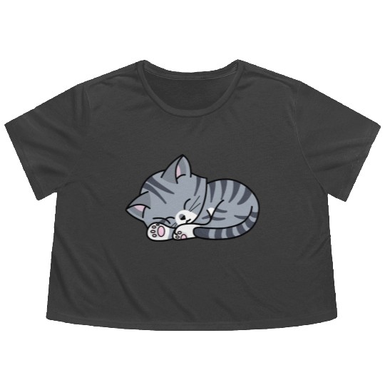 Grey Tabby Sleeping Flowy Cropped Tees