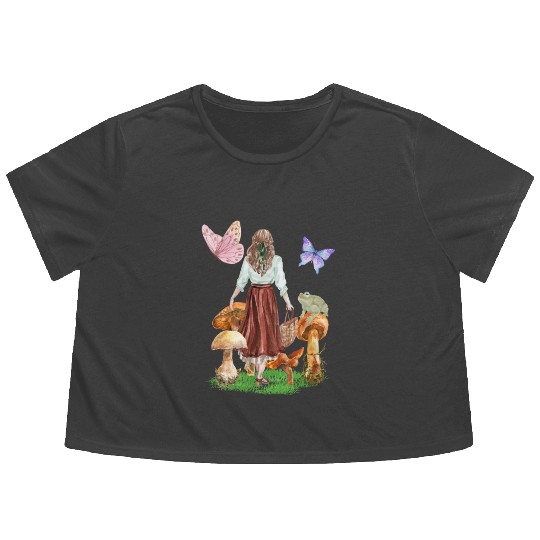 CottageCore girl mushrooms frog butterflies Flowy Cropped Tees