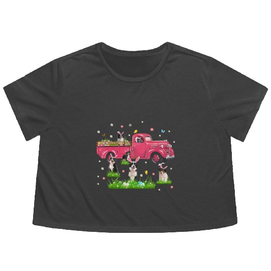 Truck With Border Collie Dogs Lover Bunny Easter Flowy Cropped Tees