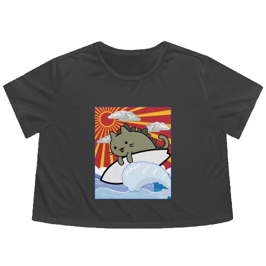 Surfing Cat Dragon Ride the Wave of Adventure Flowy Cropped Tees