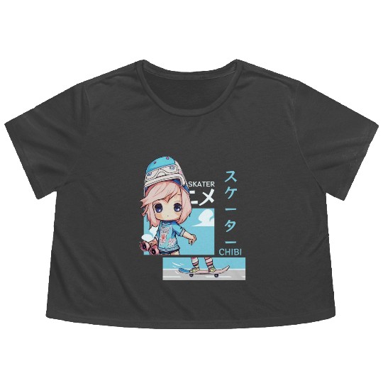 Kawaii Chibi Skater Skateboard Japanese Aesthetic Flowy Cropped Tees