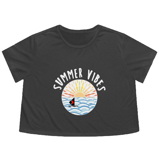 illustration sun sea boat summer vibes Flowy Cropped Tees