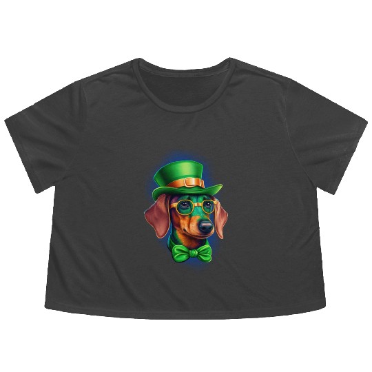 St. Patricks Day Dachshund Wiener Dog Shamrock Flowy Cropped Tees