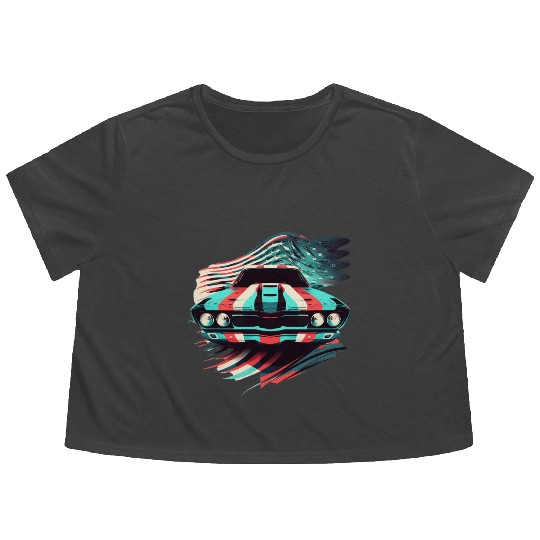 Muscle car american flag backround Flowy Cropped Tees