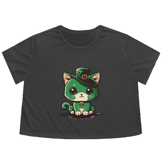 st patricks day - cut cat wearing a hat Flowy Cropped Tees