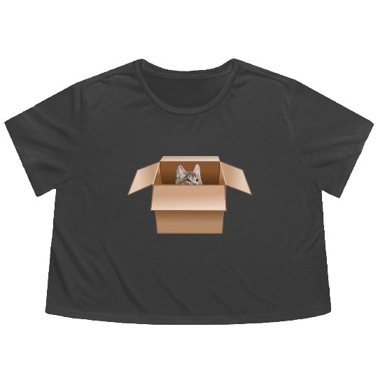 Tabby Kitten Peeking from Cardboard Box Flowy Cropped Tees