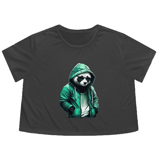 Cool Panda with Green Flowy Cropped Tees and Sunglasses