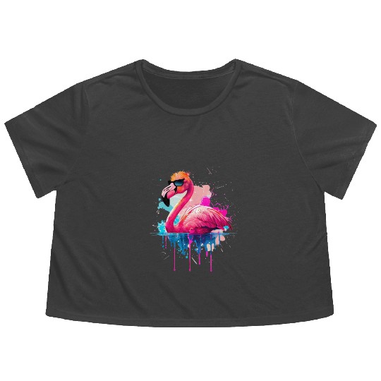 Retro Sunset Pink Flamingo Summer Design Flamingo Flowy Cropped Tees