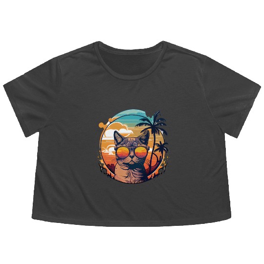 Retro Cat Vintage Sunset 80s 90s Sunglasses Party Flowy Cropped Tees