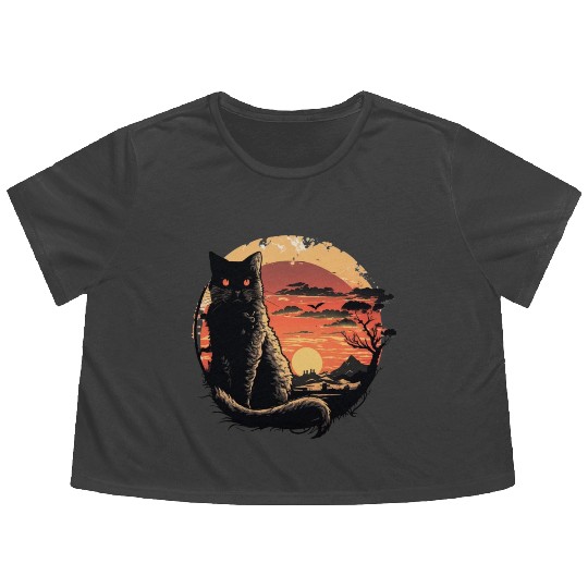 Catzilla Vintage Funny Cute black Cat Art Japanese Flowy Cropped Tees