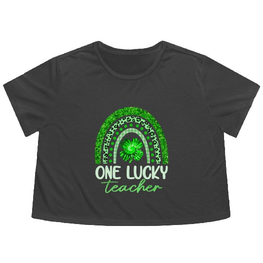 One Lucky Teacher, Rainbow Shamrock Green Clover Flowy Cropped Tees