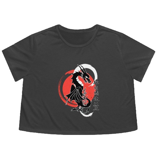 Black dragon, red moon Flowy Cropped Tees