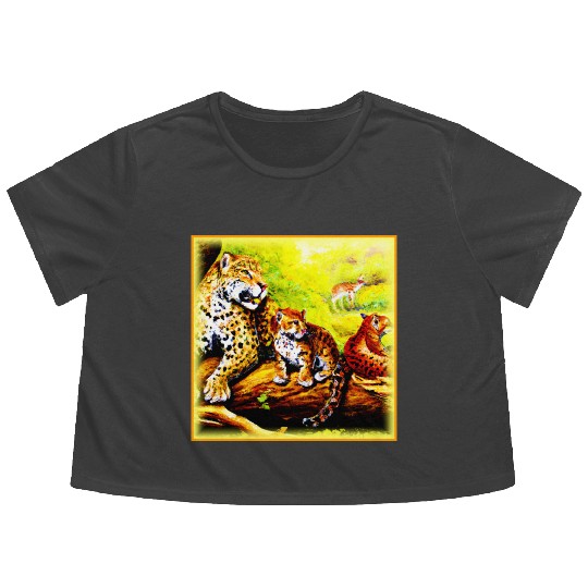 Jaguar Mom and Cubs Relaxing in Jungle. Buy Now Flowy Cropped Tees