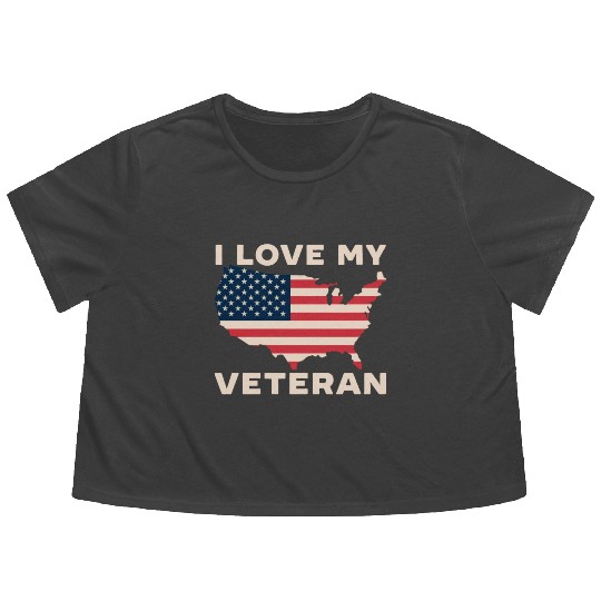 I Love My Veteran USA Flag American Memorial Day Flowy Cropped Tees