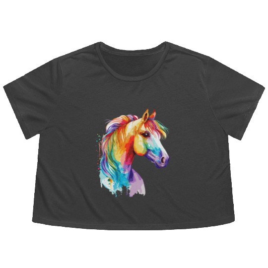 Watercolor Horse Pony Colorful Pet Ponys Lover Flowy Cropped Tees